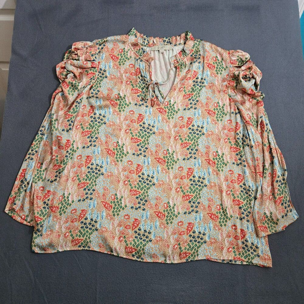 LOFT Women XXL Garden Cinched Sleeve Ruffle Tie Neck Mixed Media Blouse